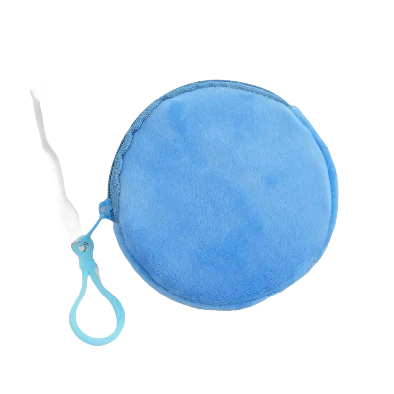 Round, light blue, plush coin purse with zipper and loop.
