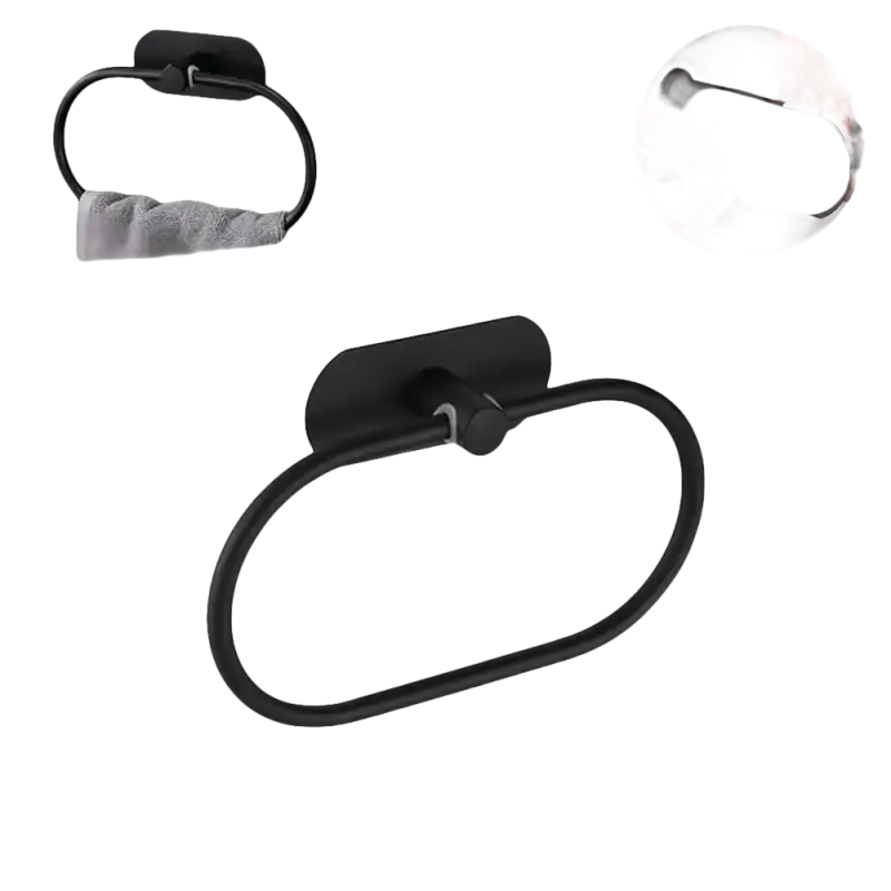 Black self-adhesive towel ring with dimensions.