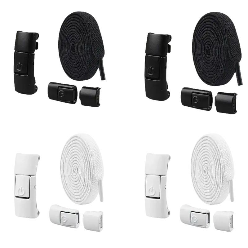 Black and white no-tie shoelace sets.