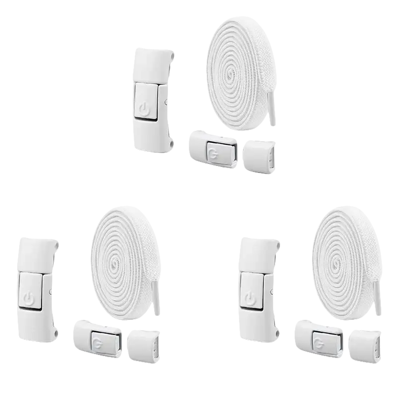 Three sets of white no-tie shoelaces with buckles.