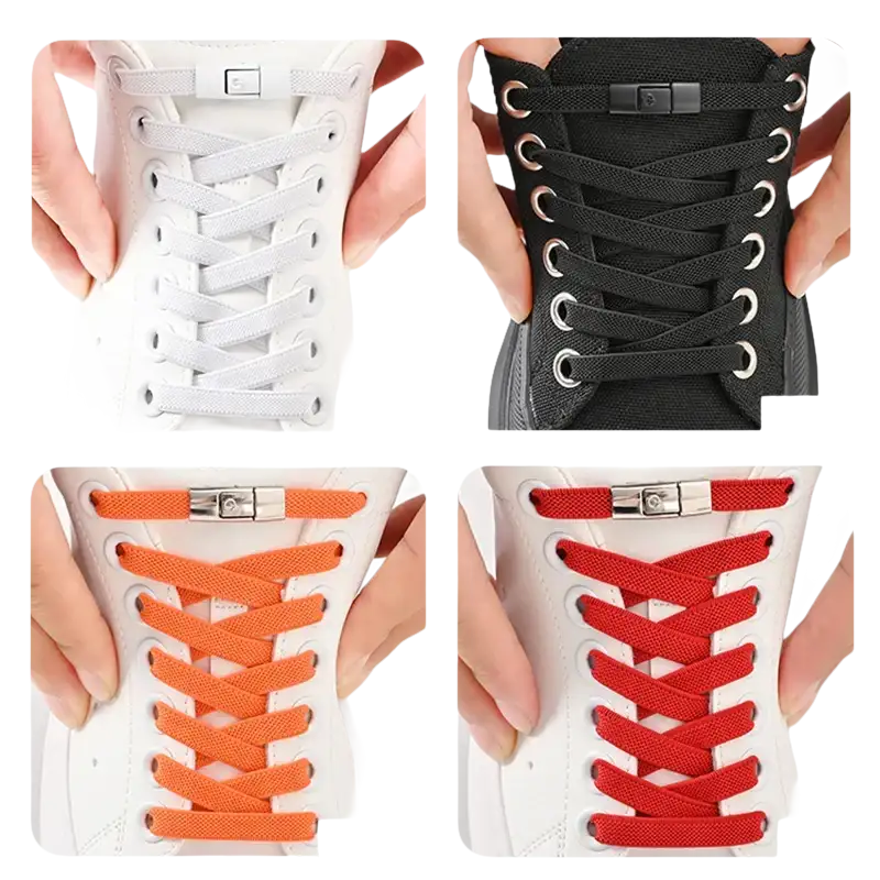 Magnetic shoelace closures in various colors.