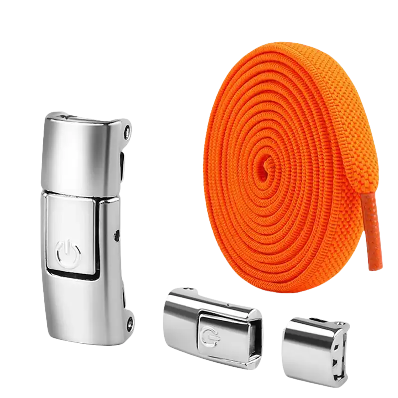 Orange shoelaces with magnetic buckles.