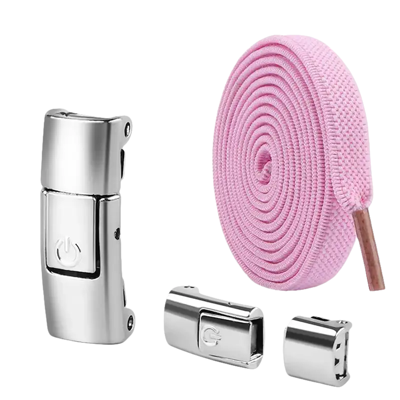 Pink shoelaces with magnetic buckles.
