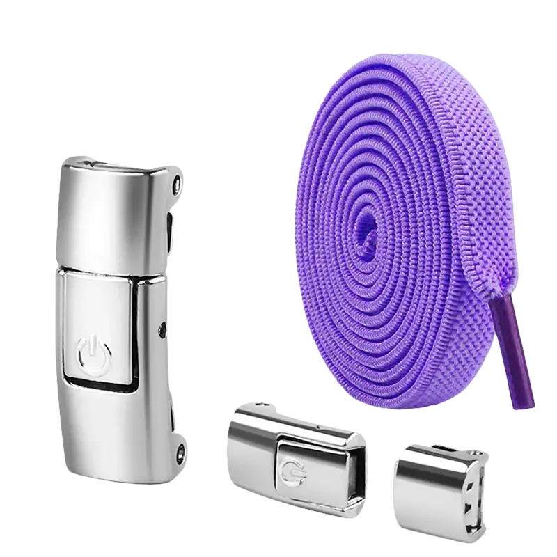 Purple shoelaces with magnetic buckles.