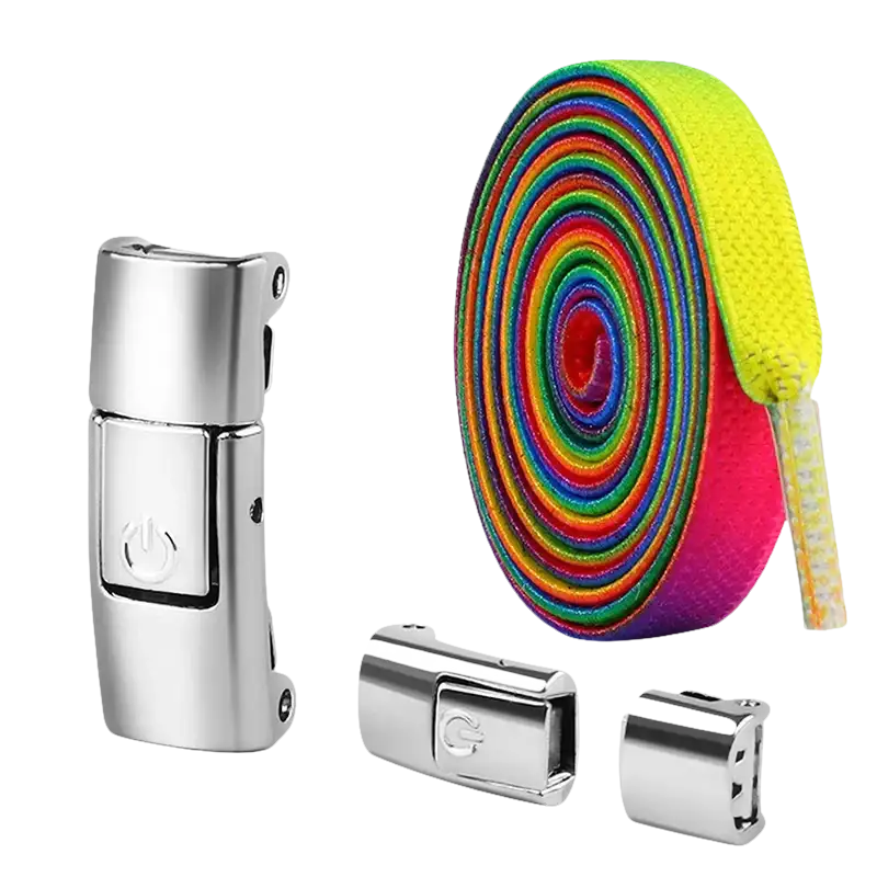 Rainbow shoelaces with magnetic buckles.