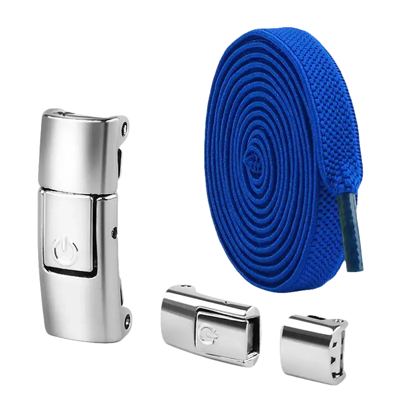 Royal blue no-tie shoelaces with magnetic buckles.