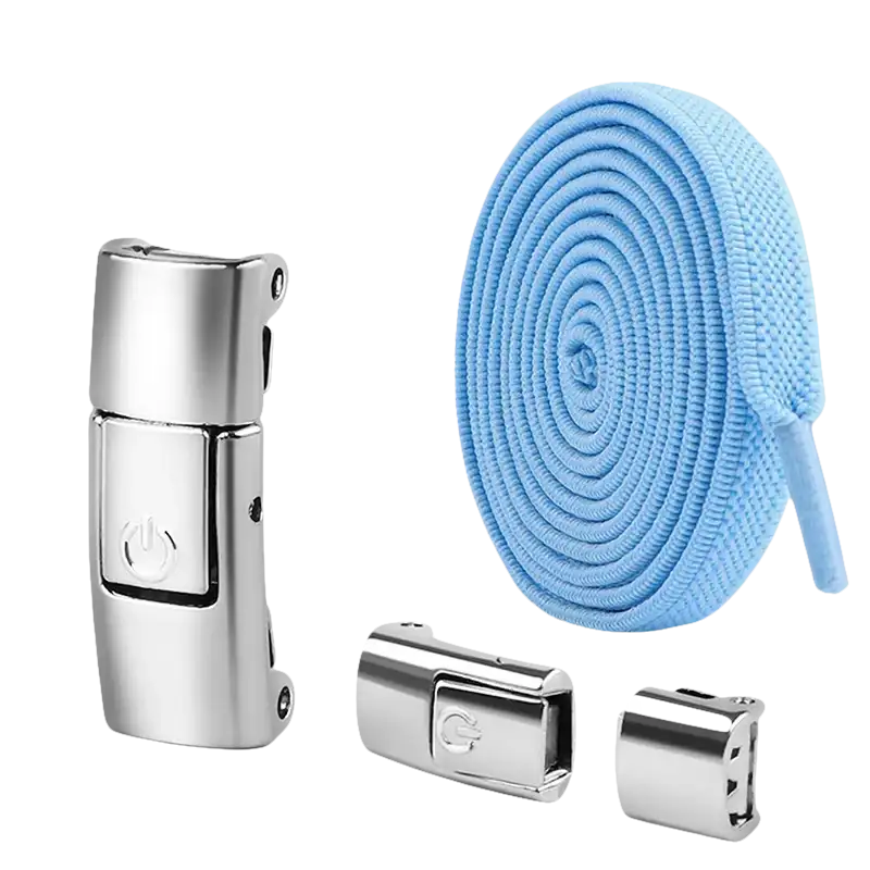 Sky blue no-tie shoelaces with magnetic buckles.