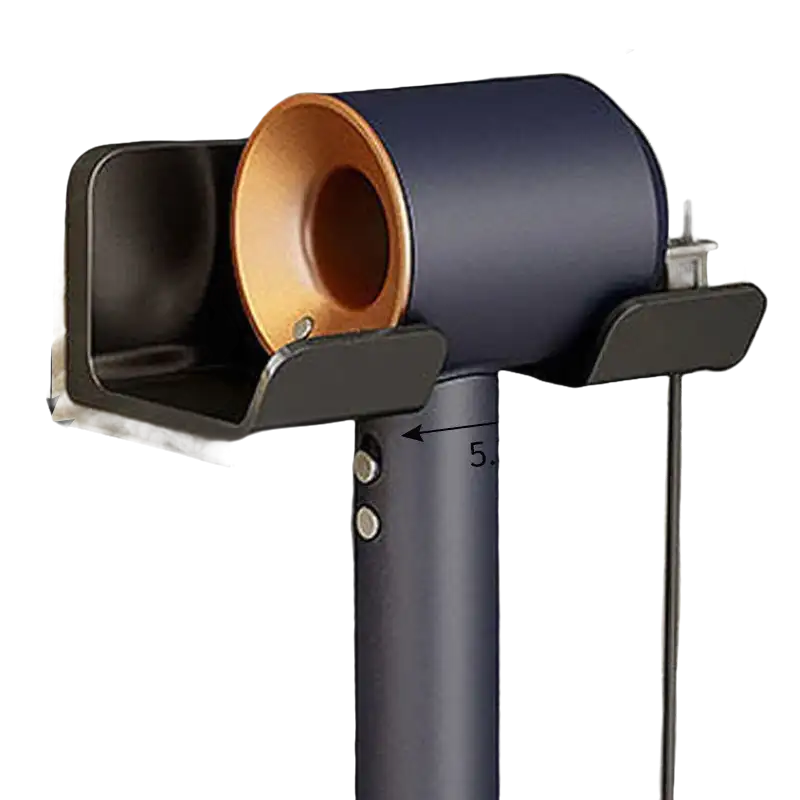 Hair dryer in a wall-mounted holder with dimensions.