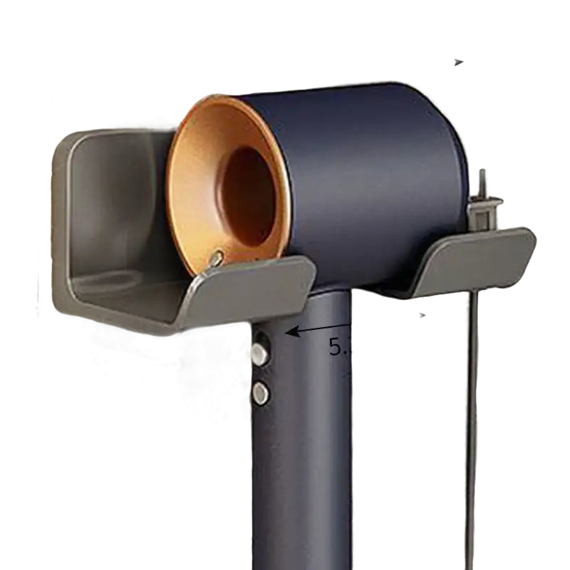 Wall-mounted hair dryer holder with dimensions.