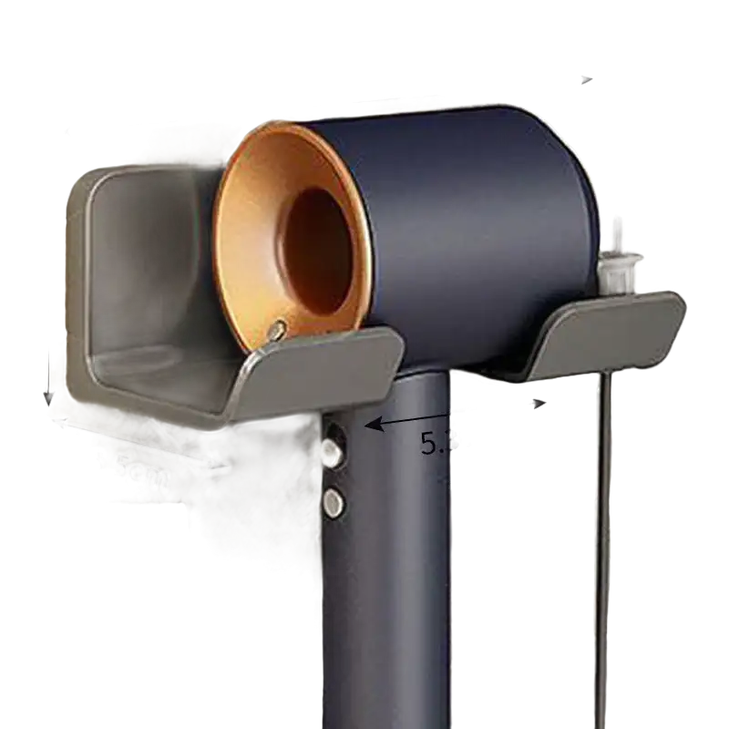 Wall-mounted hair dryer holder.
