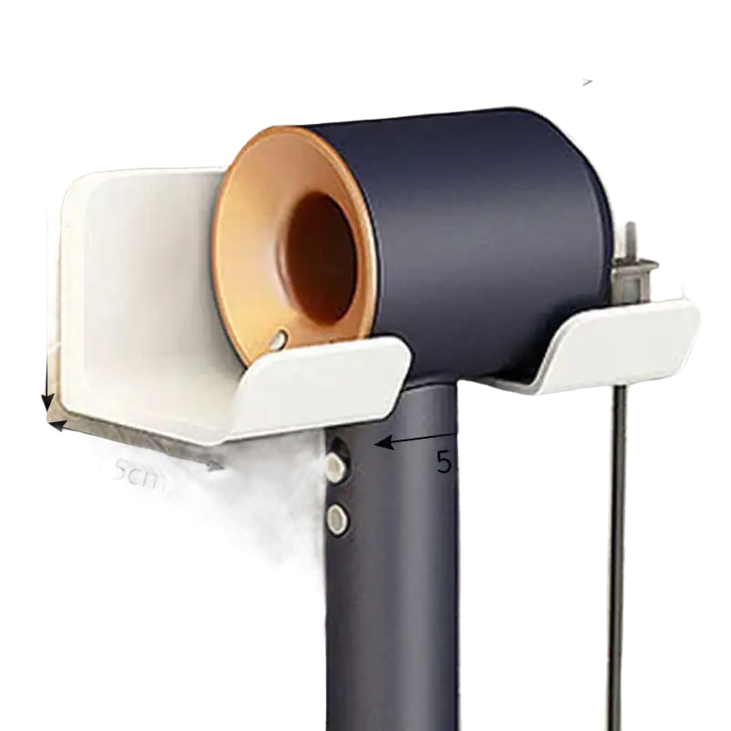 Wall-mounted hair dryer holder.
