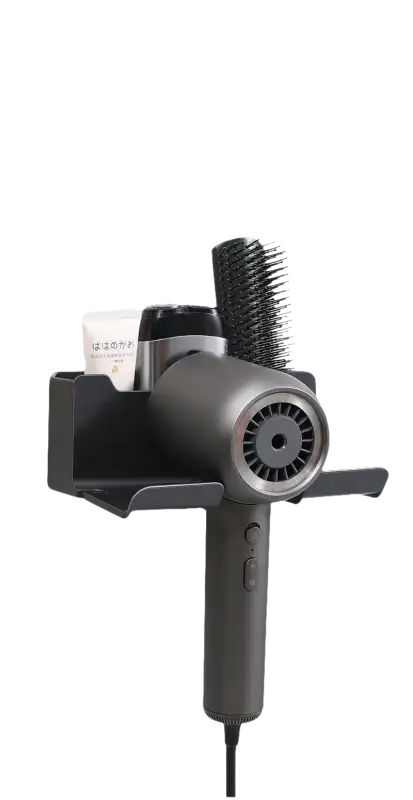 Hair dryer holder with accessories.