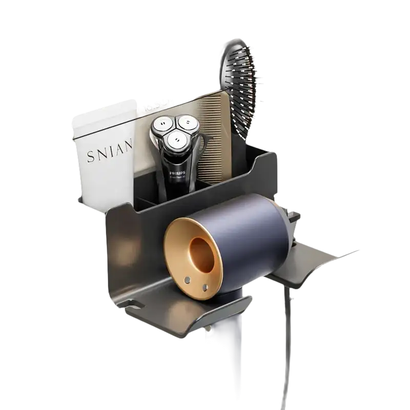 Wall-mounted hair dryer and accessories organizer.