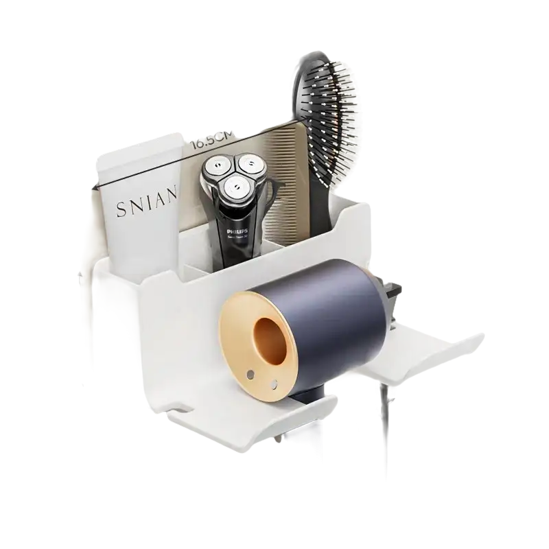 White wall-mounted organizer with hair dryer, comb, and shaver.