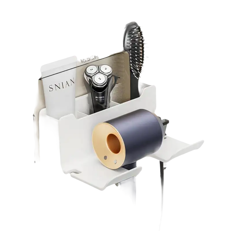 White wall-mounted organizer with hair dryer, comb, and razor.