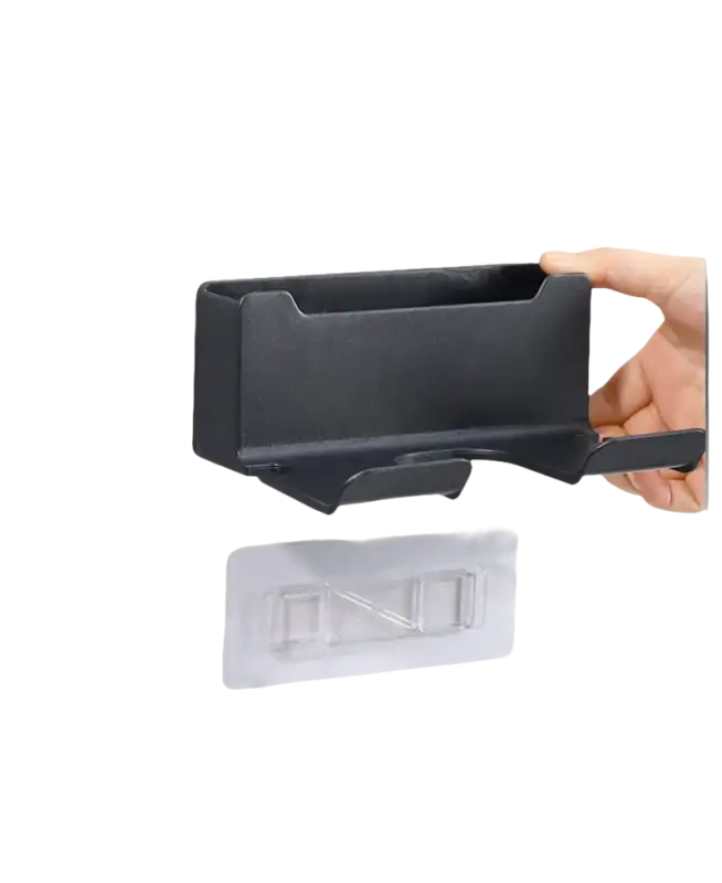 Black wall-mounted storage box.
