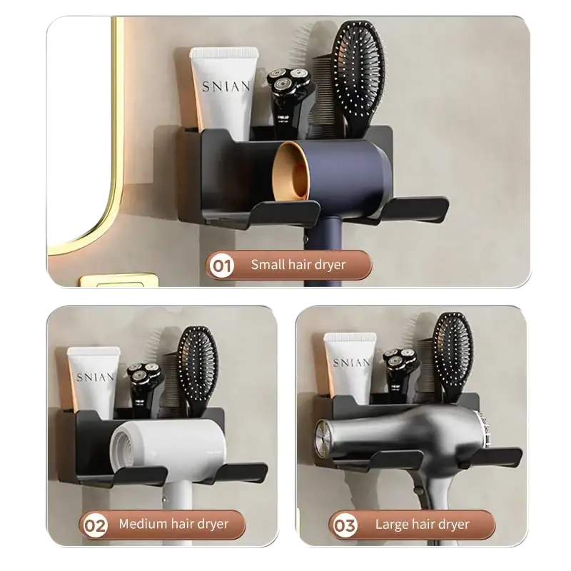 Wall-mounted hair dryer holder with compartments.