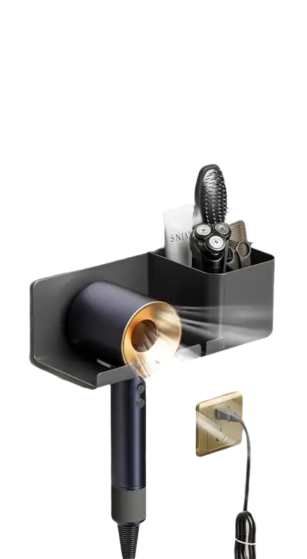 Wall-mounted hair dryer holder.