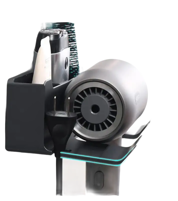 Wall-mounted hair dryer and accessory holder.