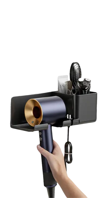 Wall-mounted hair dryer rack.