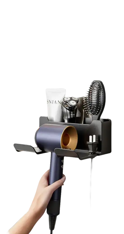 Wall-mounted hair dryer holder with storage shelf.