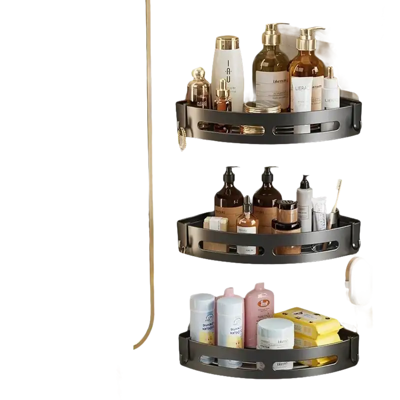 Three-tiered corner bathroom shelves.