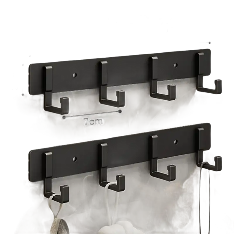 Black four-hook wall rack.