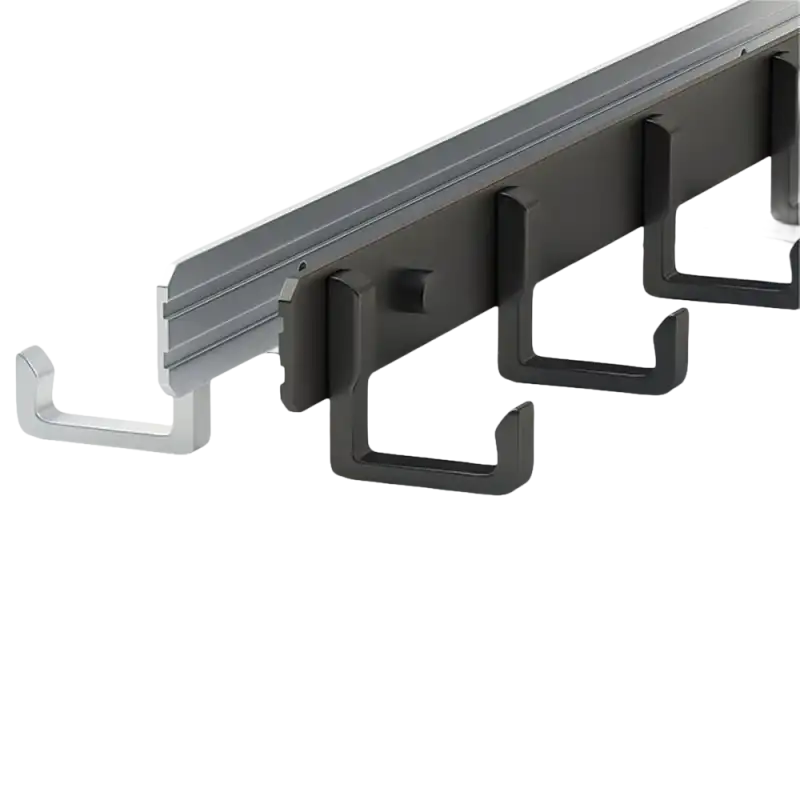 Metal coat rack with multiple hooks.