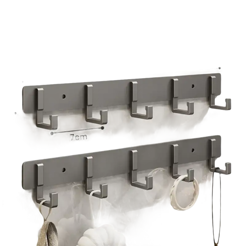 Silver-colored, five-hook wall-mounted racks.