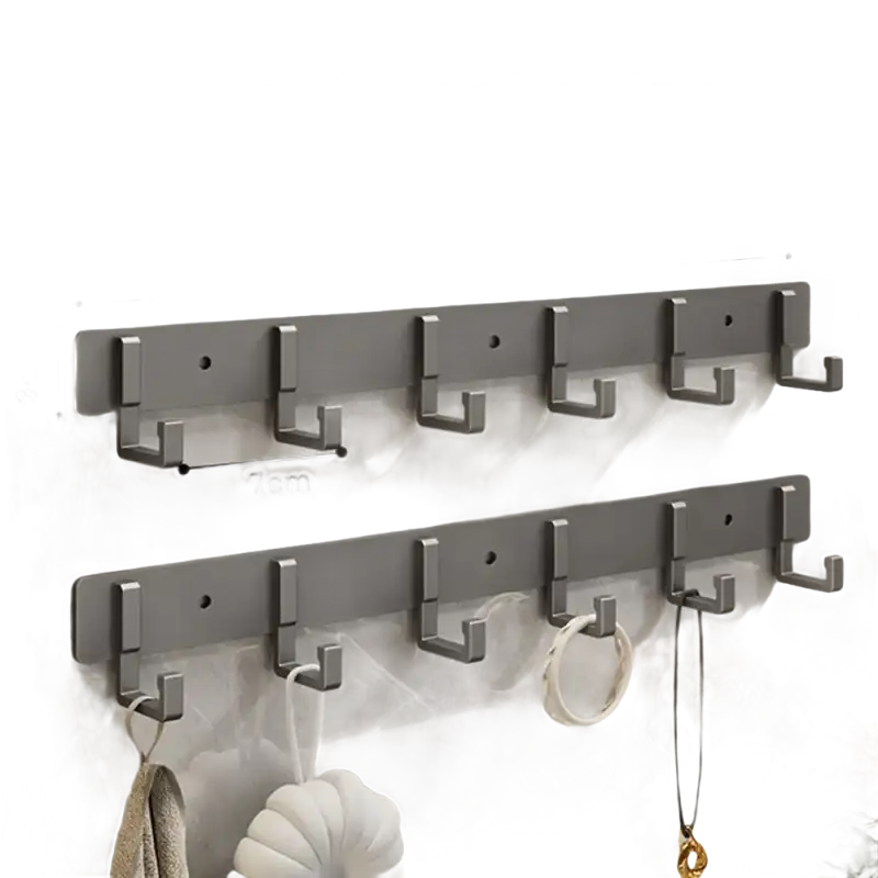 Silver-colored, six-hook wall racks.