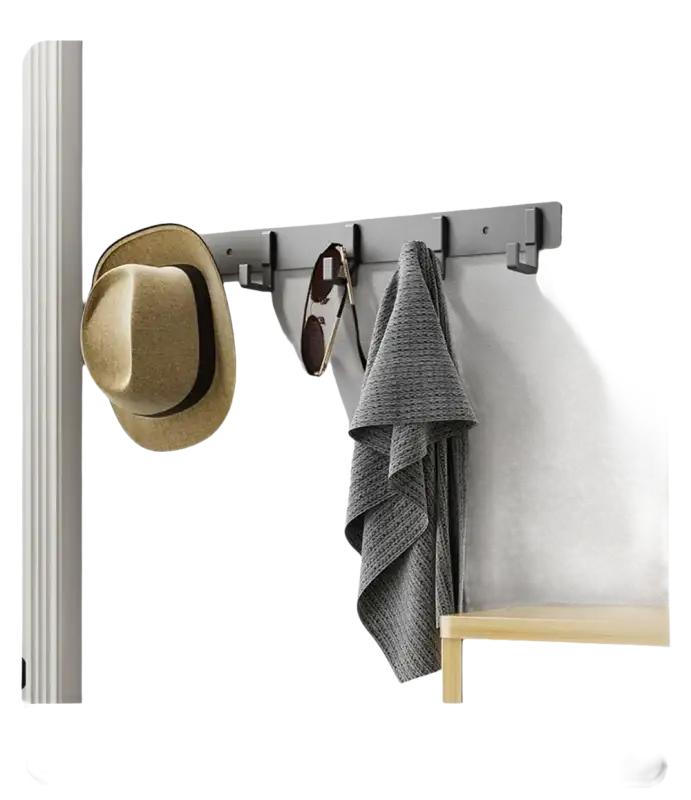 Wall-mounted coat rack with hat, sunglasses, and towel.