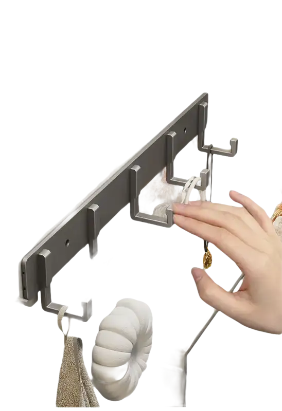 Gray wall-mounted coat rack with multiple hooks.