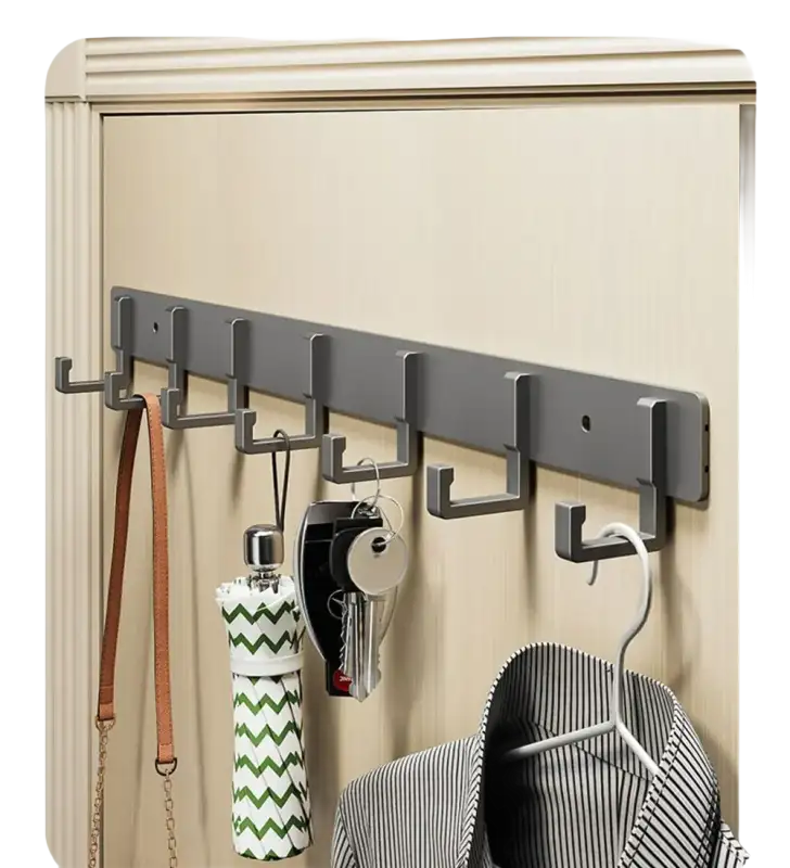 Gray wall-mounted coat rack with multiple hooks.