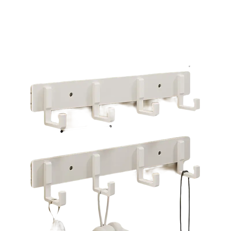 Two white, four-hook wall racks with dimensions.
