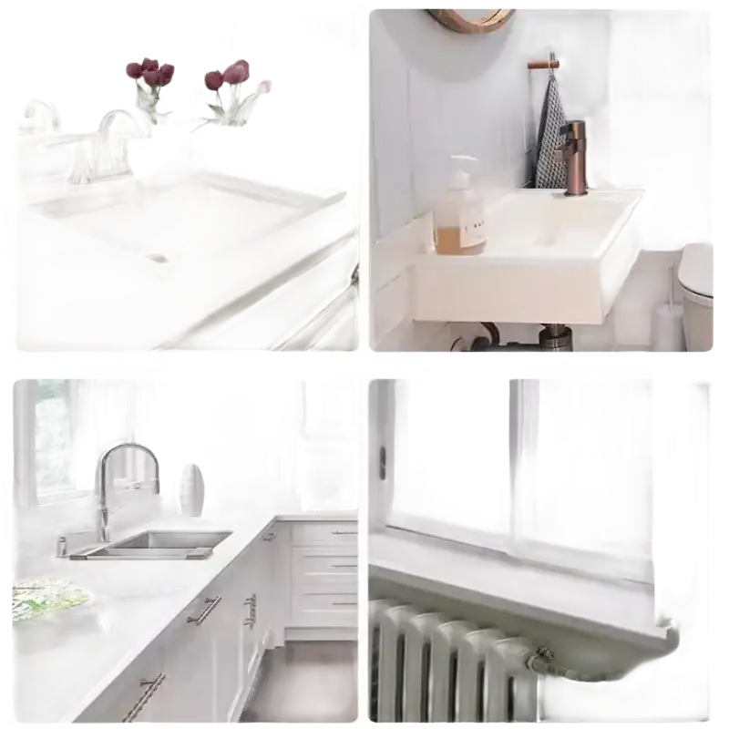 Collage of bathroom and kitchen interiors.