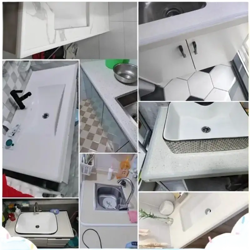 Collage of various bathroom and kitchen sinks.