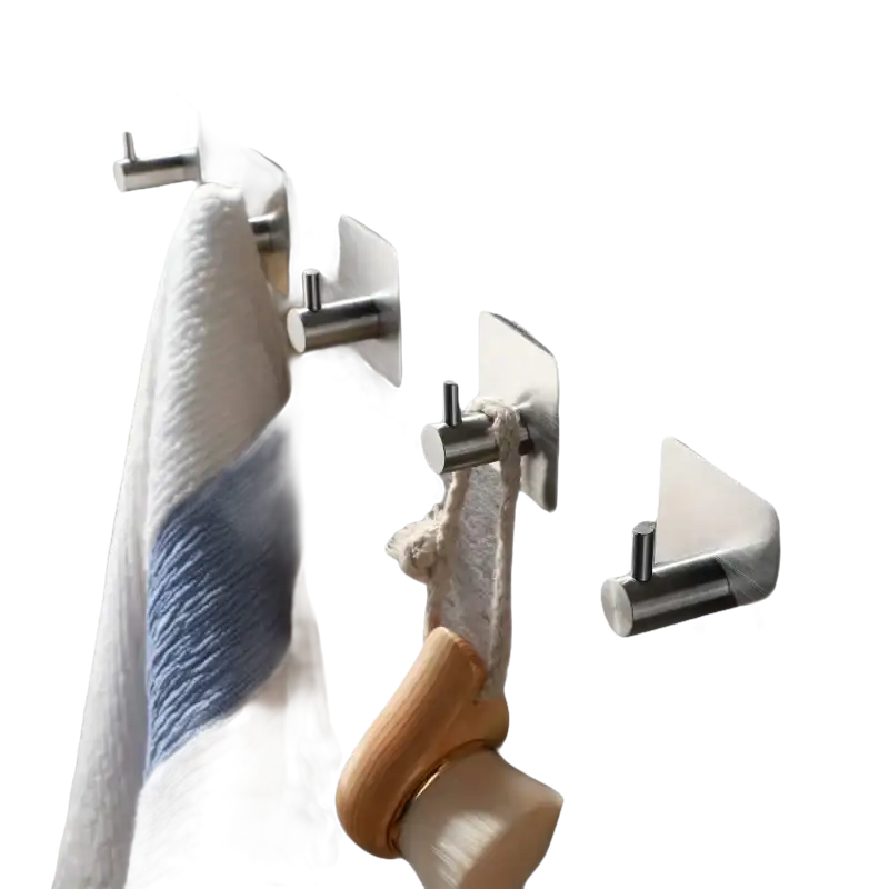 Stainless steel adhesive wall hooks.