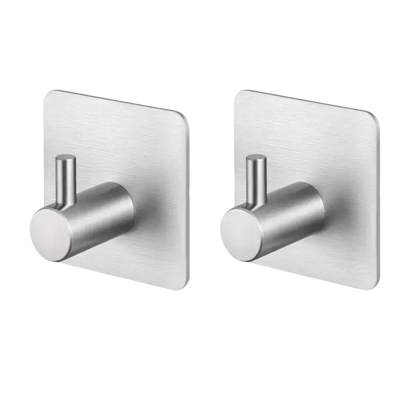 Two brushed metal adhesive hooks.