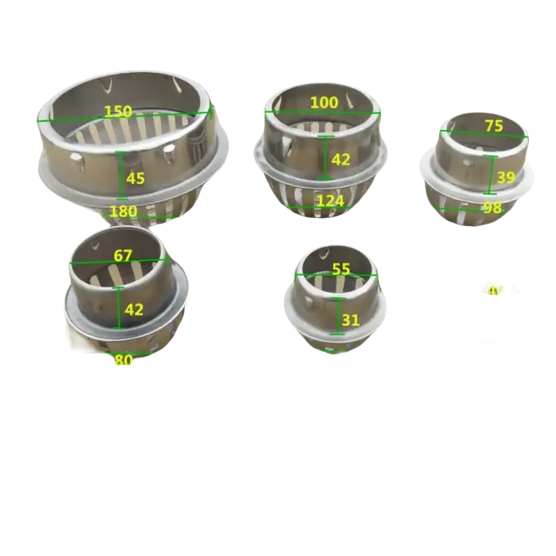 Graduated set of metal drain strainers with dimensions.