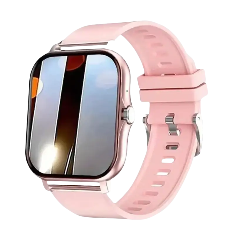 Pink smart watch with reflective screen.