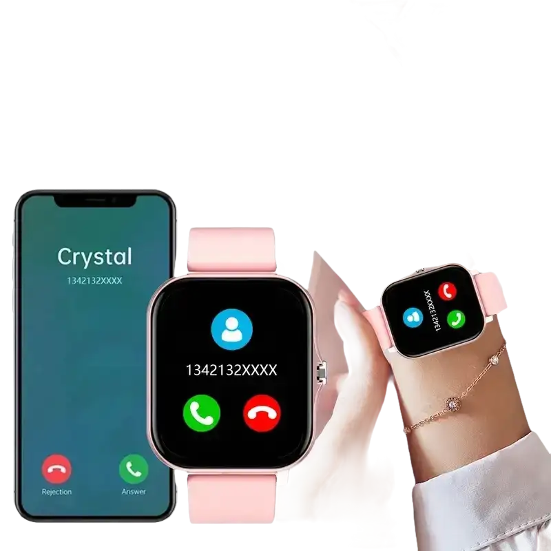 Pink smartwatches and smartphone.