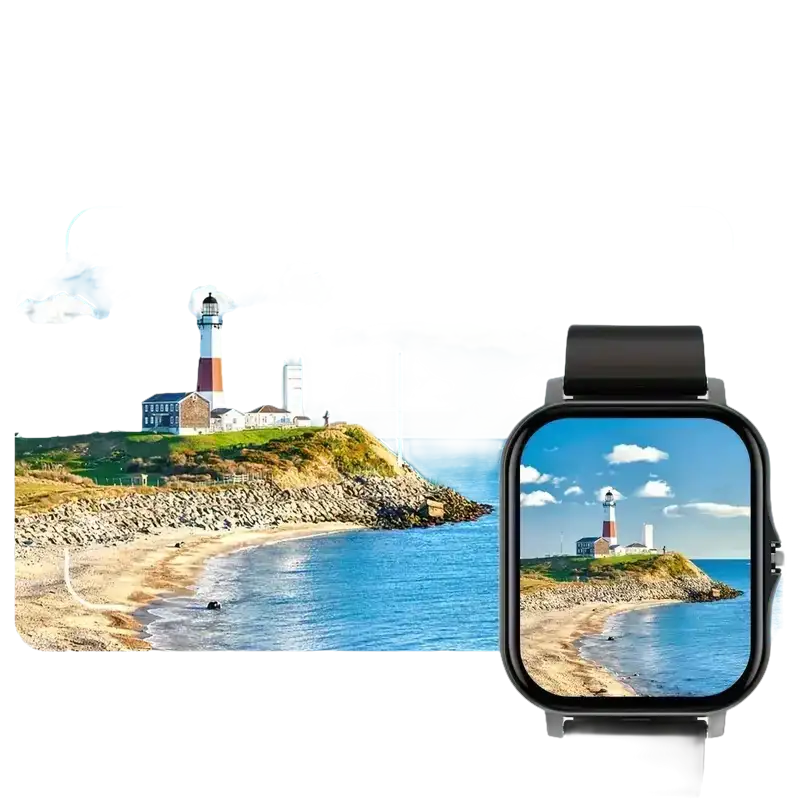 Smartwatch displaying a coastal scene.