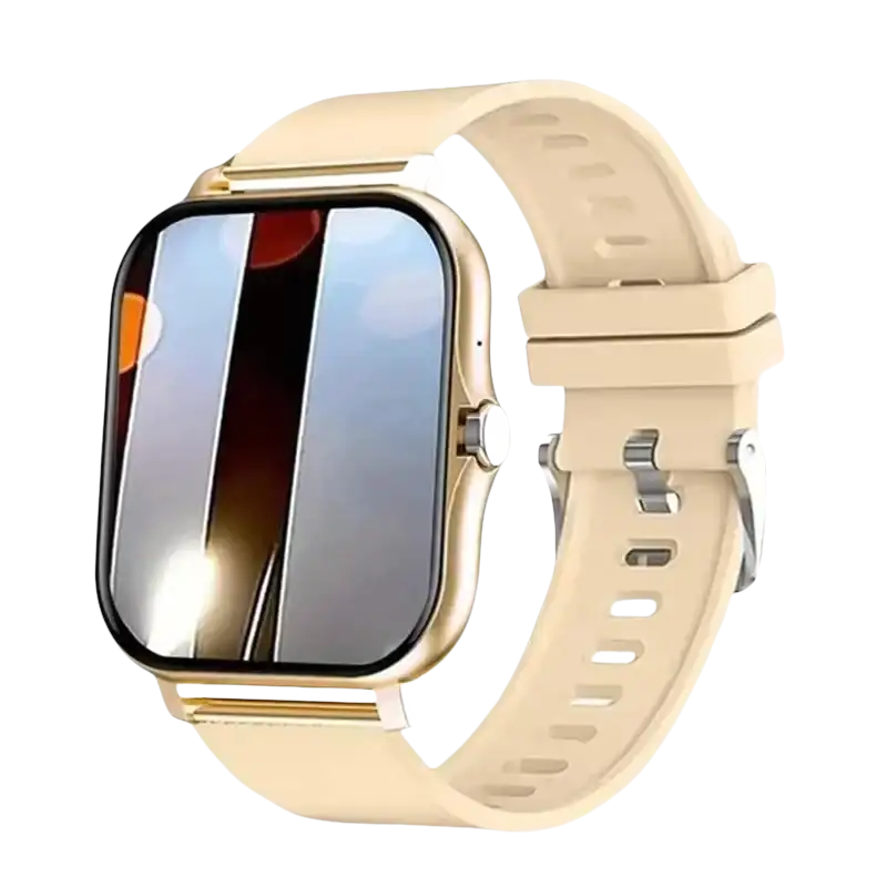 Beige smartwatch with reflective screen.