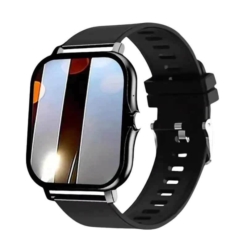 Black smart watch with reflective screen.