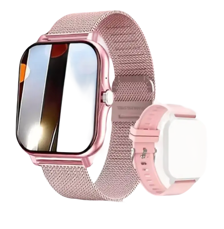 Pink smart watch with metal and silicone bands.