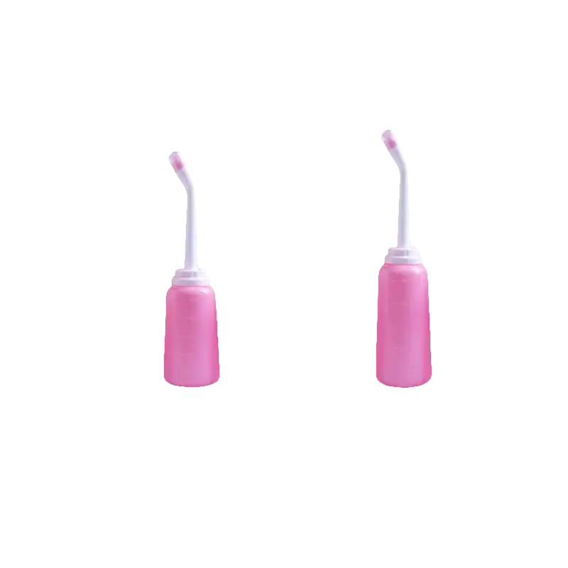 Pink portable bidet bottles with dimensions.
