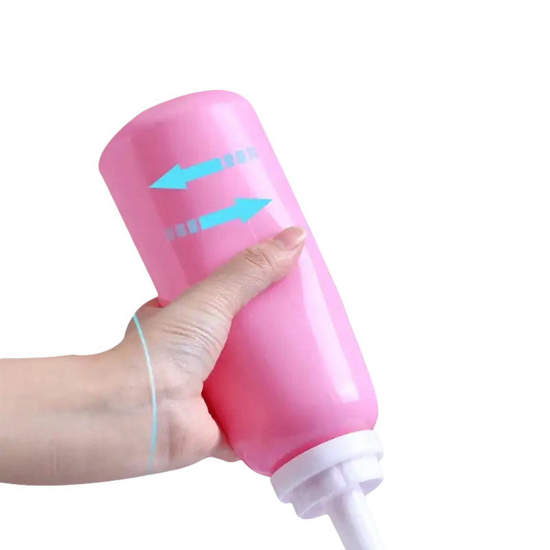 Pink squeezable bottle.