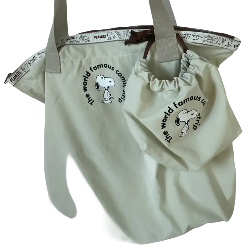 Snoopy-themed tote bag with matching drawstring pouch.