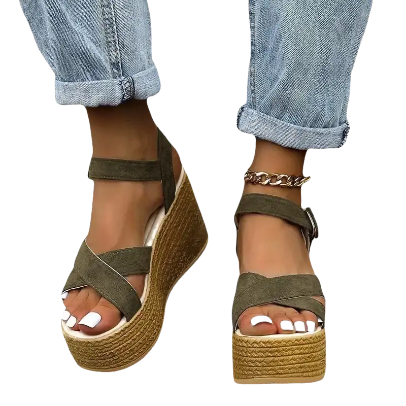 Olive green fashion wedge sandals with rubber sole for women summer 2022 casual style