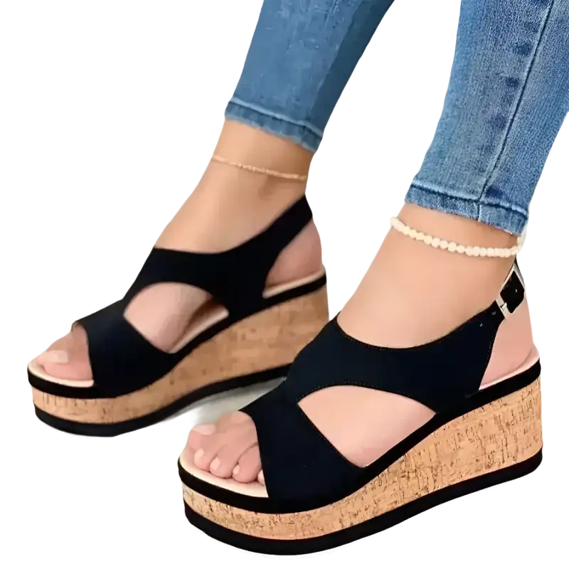 Black fashion wedge sandals with ankle straps and rubber sole casual design for women summer 2022
